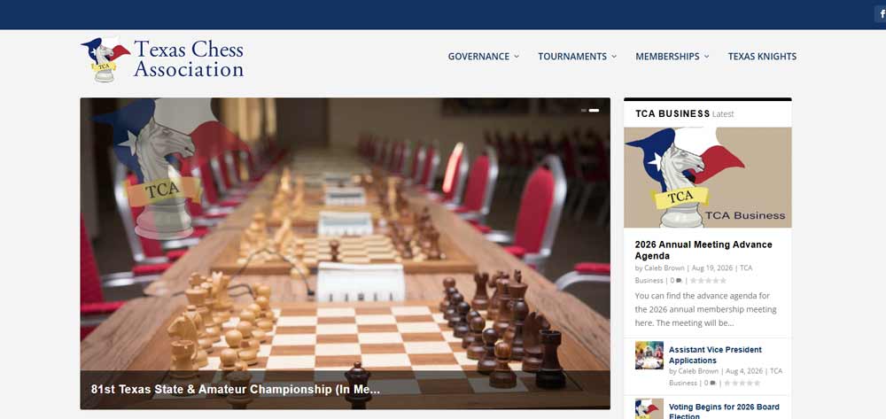 Screenshot of the Texas Chess Association website homepage