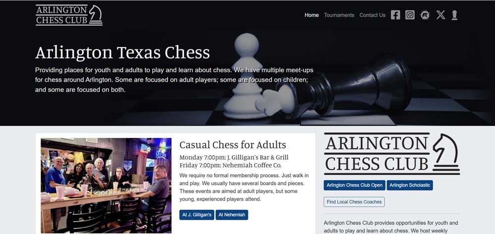 Screenshot of a Arlington Chess Club website homepage