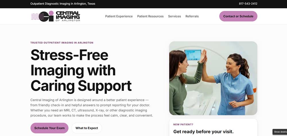 Screenshot of a Central Imaging of Arlington website homepage